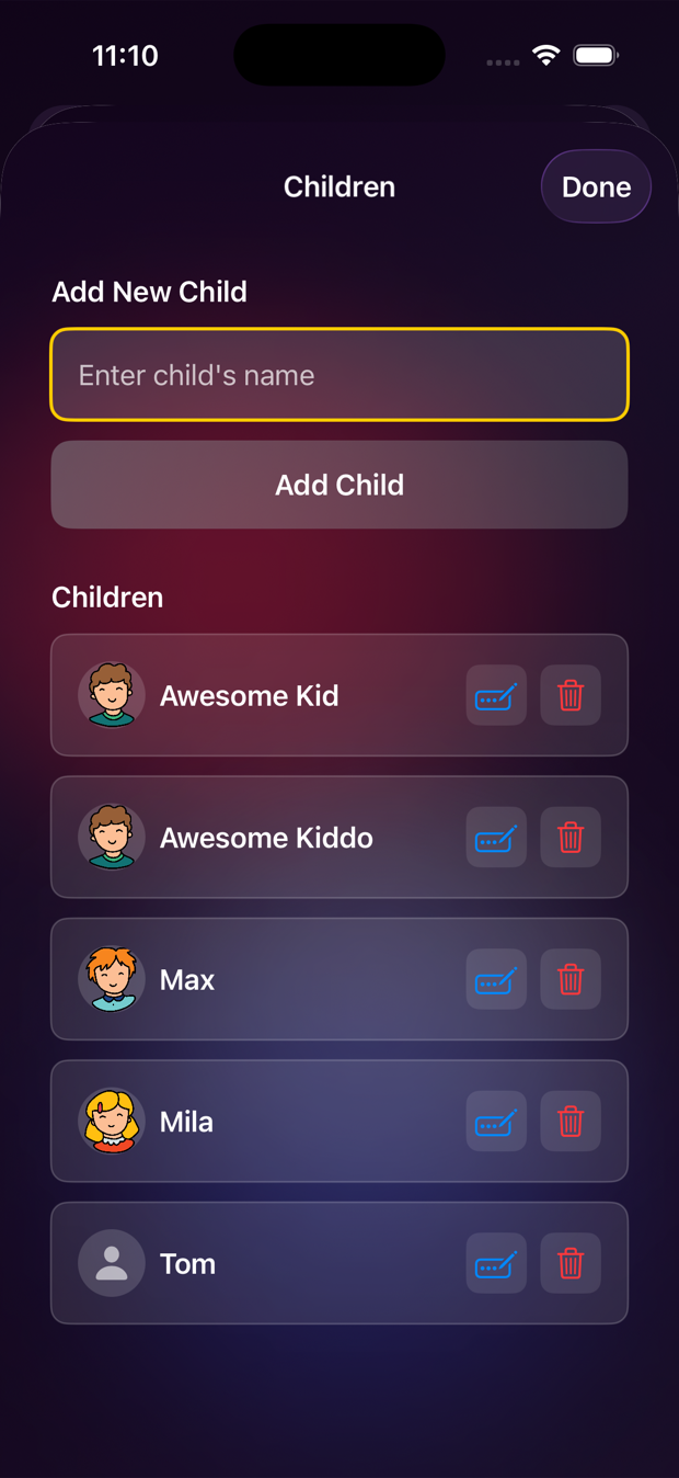Starly's children screen listing each kid's profile