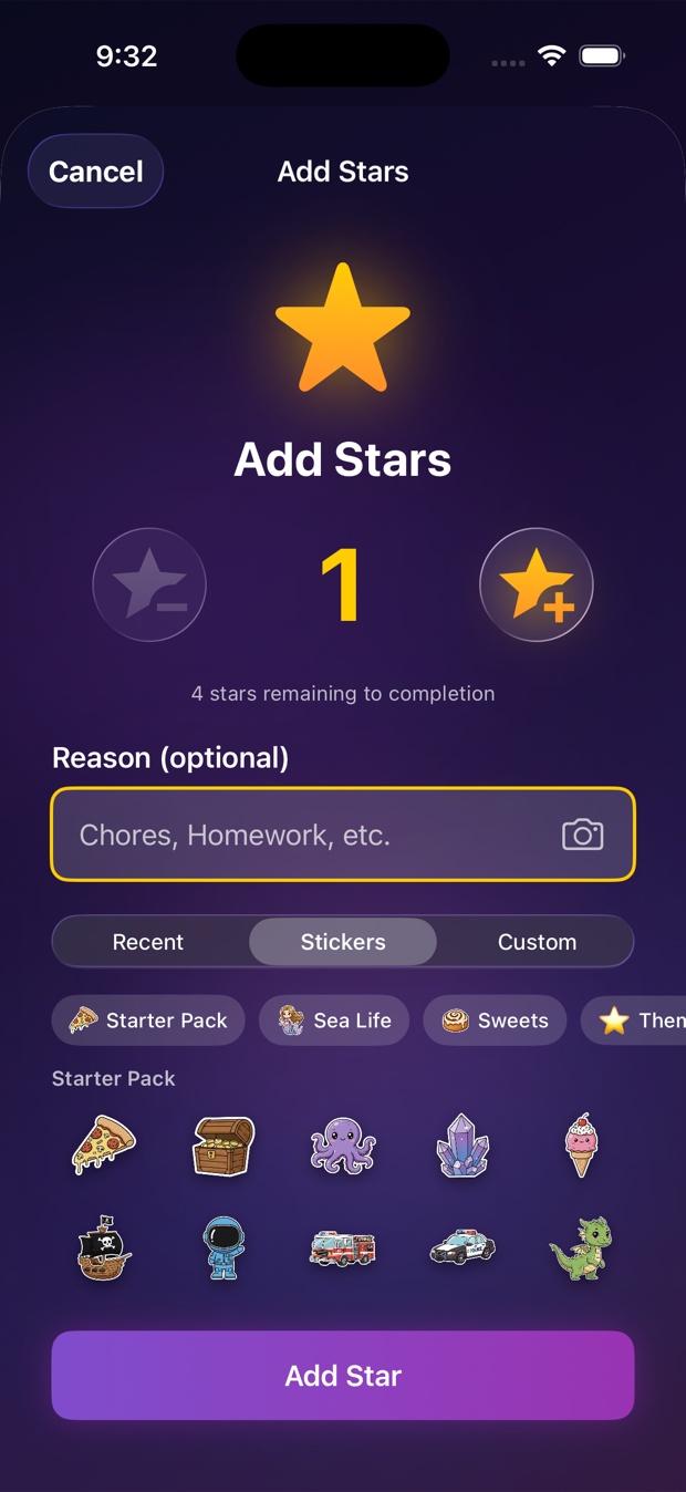 Starly's award-a-star screen with the sticker picker open