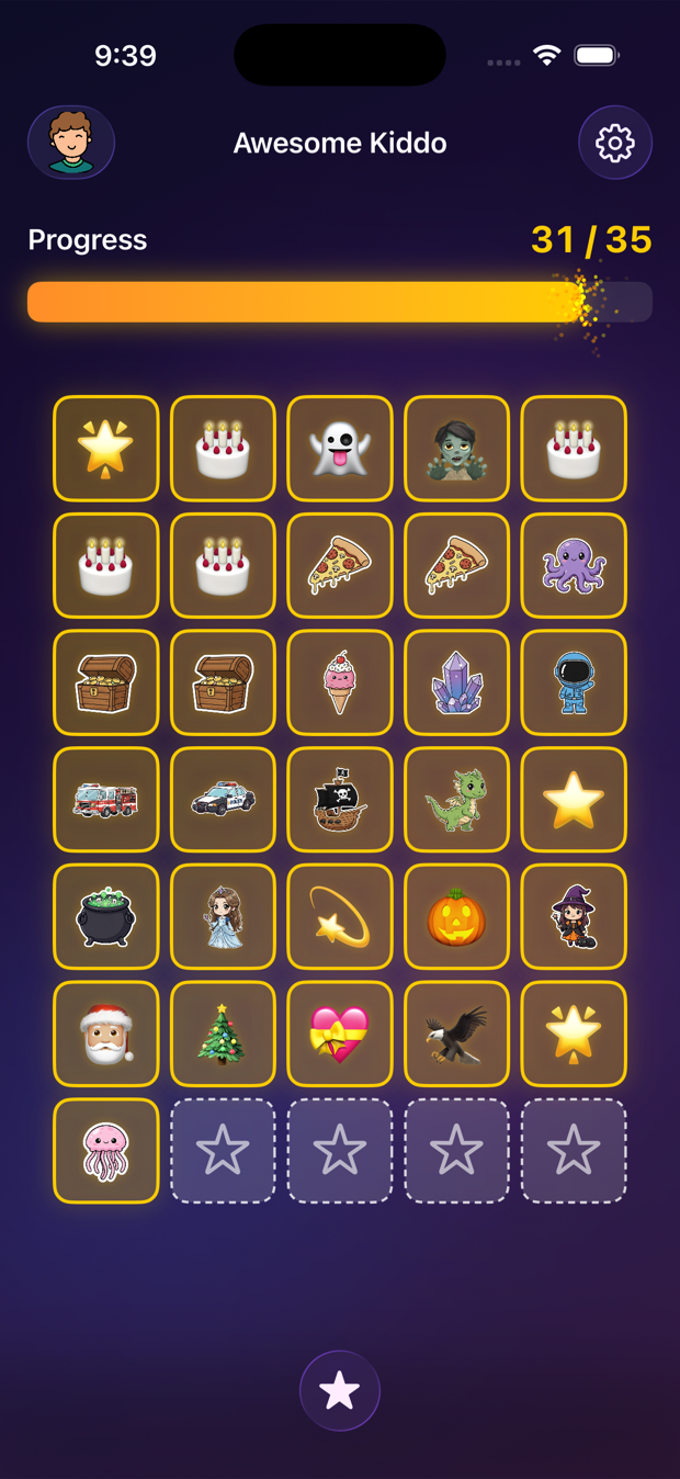 A Starly star chart filled with collectible stickers, 31 of 35 stars earned