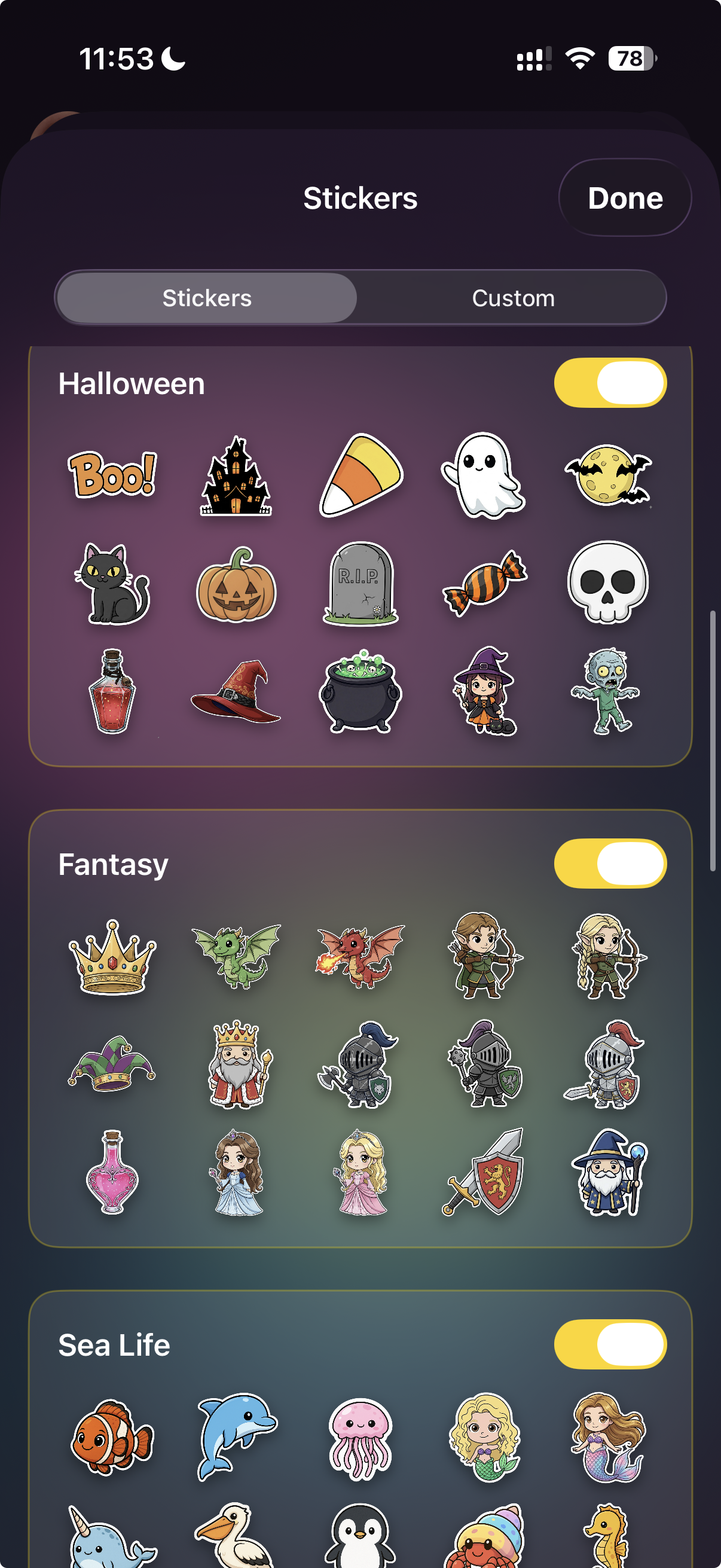 Starly's sticker shop showing the free Starter Pack plus Halloween and Fantasy packs